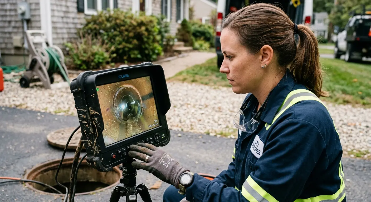 Technician reviewing sewer camera inspection footage in Arlington