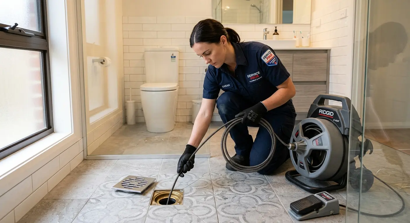 Technician clearing a bathroom floor drain for Drain Cleaning in Arlington